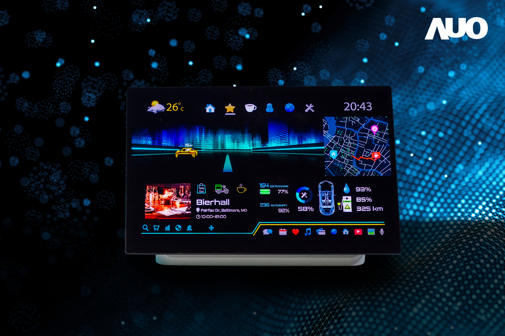 友達16吋超高色域車載中控獲得2025顯示器元件產品技術獎之面板模組類傑出產品獎，首次在車載領域採用藍光COB（LED chip-on-board）搭載量子點（Quantum Dot）膜之Mini LED解決方案實現廣色域