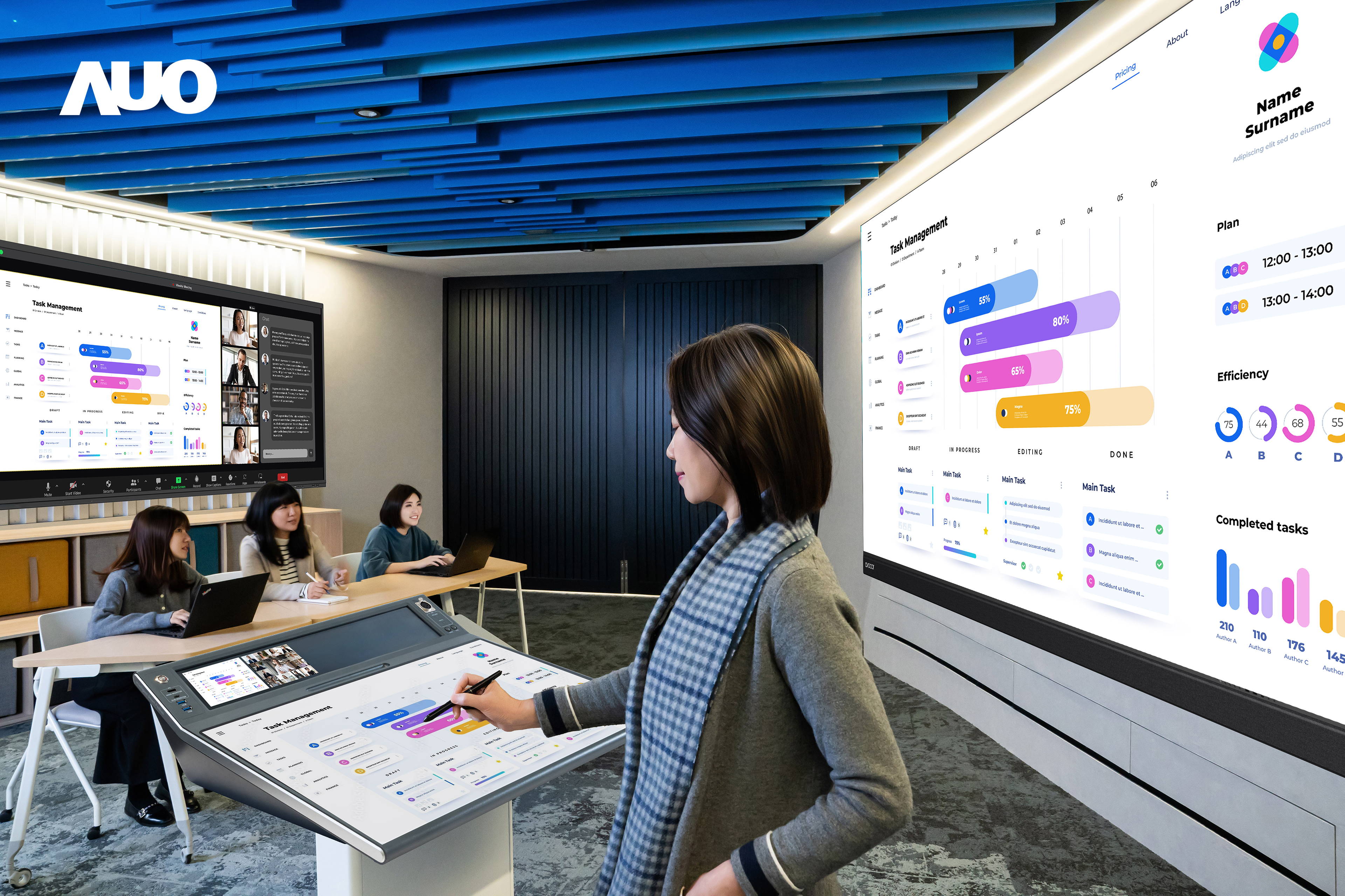 达擎携手Avocor与Rise Vision展示全方位商务领域应用，包含采用模块化设计的138吋一体式All-in-One LED显示器及具21:9超宽比例的92吋交互式电子白板（IFPD），讲者可轻松分享内容，有效提升会议协作效率。